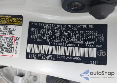 2006 Toyota Avalon Xls z USA, uszkodzony, nr VIN 4T1BK36B86U090234